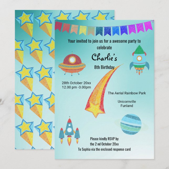 Space Theme Aqua Star Birthday Invitation (Front/Back)