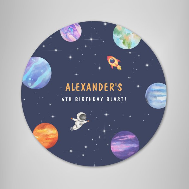 Space Themed Cute Birthday Party Watercolor Classic Round Sticker (Creator Uploaded)