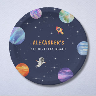 Space Themed Cute Birthday Party Watercolor Paper Plate