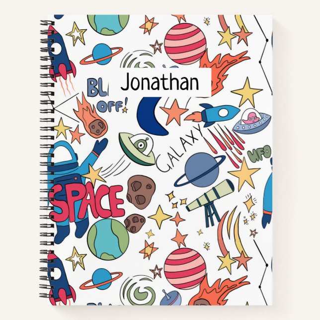 Space Themed Doodle For Kids Personalised Name Notebook (Front)