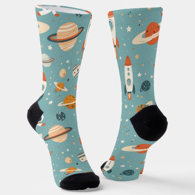 Space Themed Drawings on Blue Socks (Angled)
