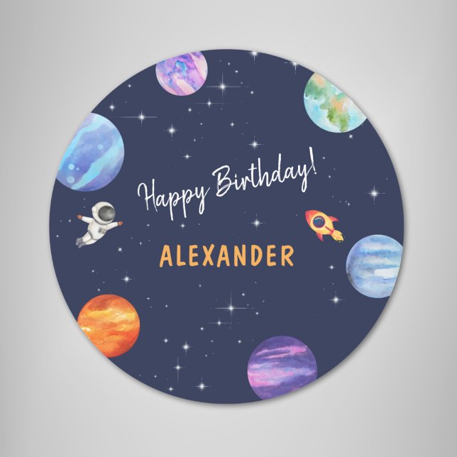 Space Themed Happy Birthday Watercolor Classic Round Sticker (Creator Uploaded)