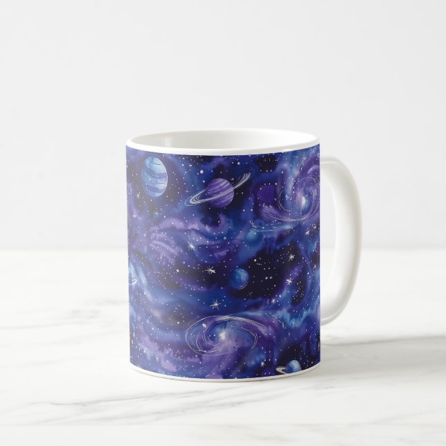 Space-themed pattern with stars and planets coffee mug (Front Right)