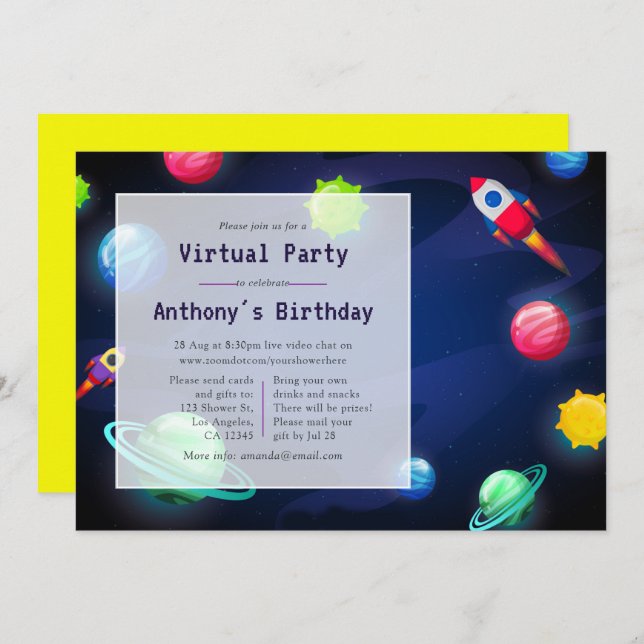 Space Virtual Birthday Party Invitation (Front/Back)