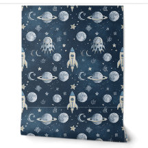 Space Wallpaper | Blue Rocket Ship Accent Wall 