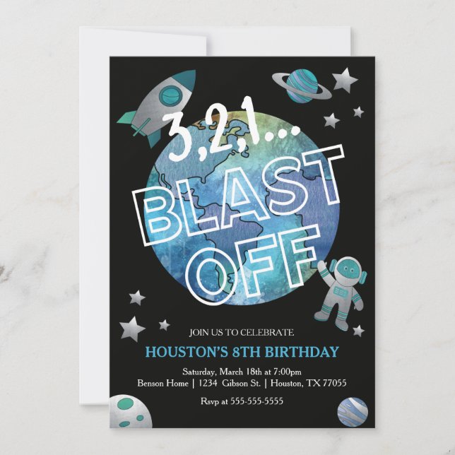 Space Watercolor Birthday Invitation (Front)