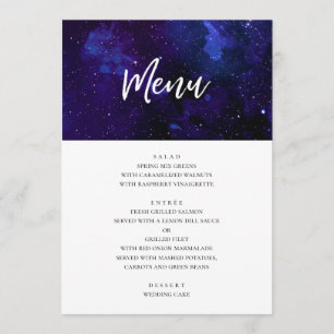 Space wedding dinner. Night stars. Navy modern Menu
