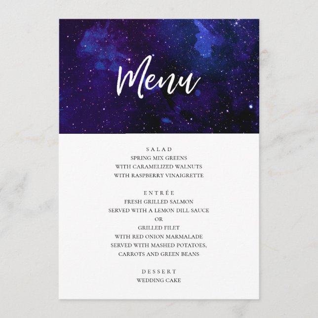 Space wedding dinner. Night stars. Navy modern Menu (Front)