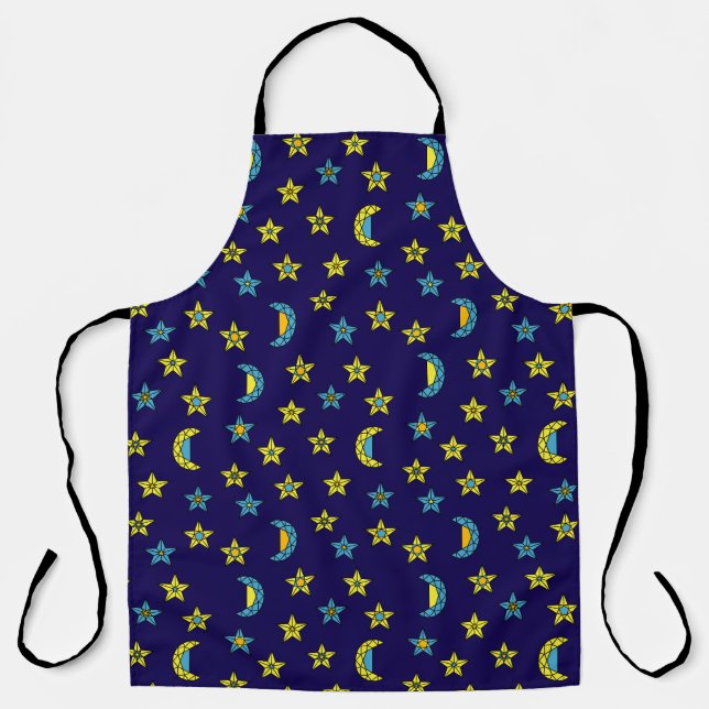 Space Yellow Blue Moon and Stars Jewels Pattern Apron (Front)