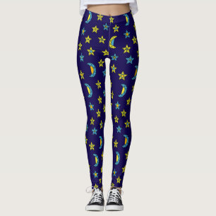 Space Yellow Blue Moon and Stars Jewels Pattern Leggings
