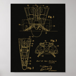 Spacecraft Patent 1970 Black Gold Wall Art Poster