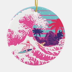 Spaceman surfing The Great pink wave Ceramic Tree Decoration