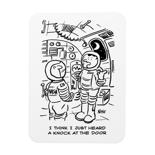 Spacemen on Spaceship Hear Knock at Door Magnet (Vertical)