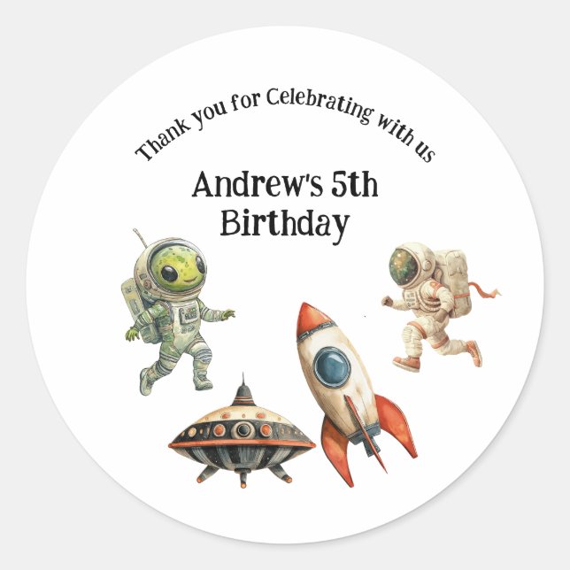 Spaceship Aliens Astronauts Rocket Boys Birthday Classic Round Sticker (Front)
