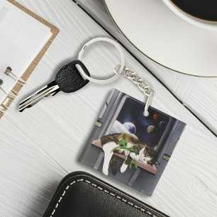 Spaceship Cat Sci-Fi Cute Key Ring