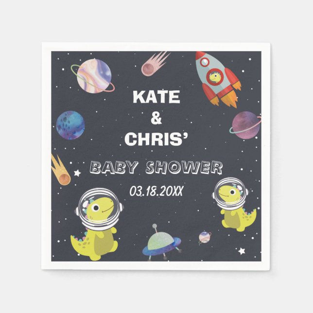 Spaceship Dinosaur Star Planet Galaxy Baby Shower Napkin (Front)