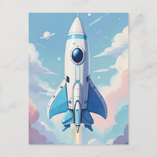 Spaceship flying in the sky postcard