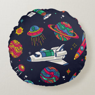 Spaceship in Galaxy seamless pattern. Background w Round Cushion