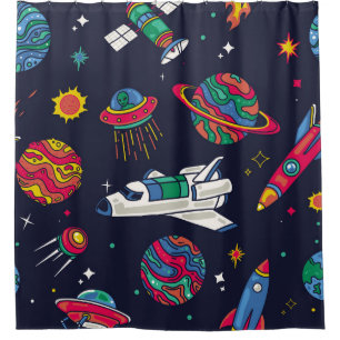 Spaceship in Galaxy seamless pattern. Background w Shower Curtain