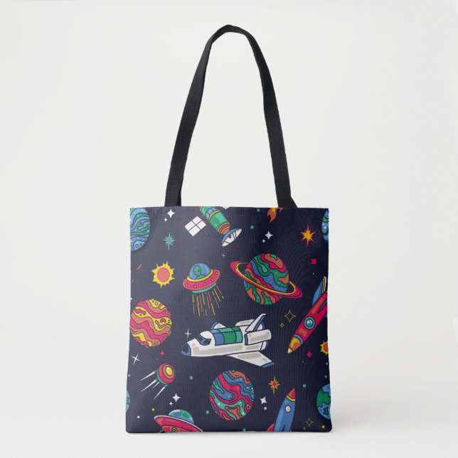 Spaceship in Galaxy seamless pattern. Background w Tote Bag (Front)