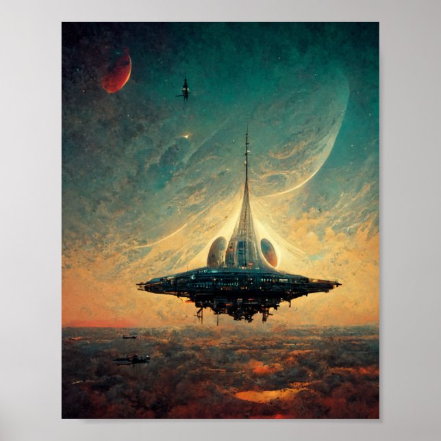 Spaceship Landing Sci-Fi Art Poster (Front)