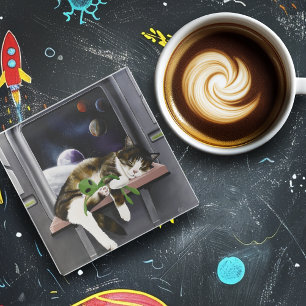 Spaceship Tabby Cat Green Alien Stuffie Sci-Fi Glass Coaster