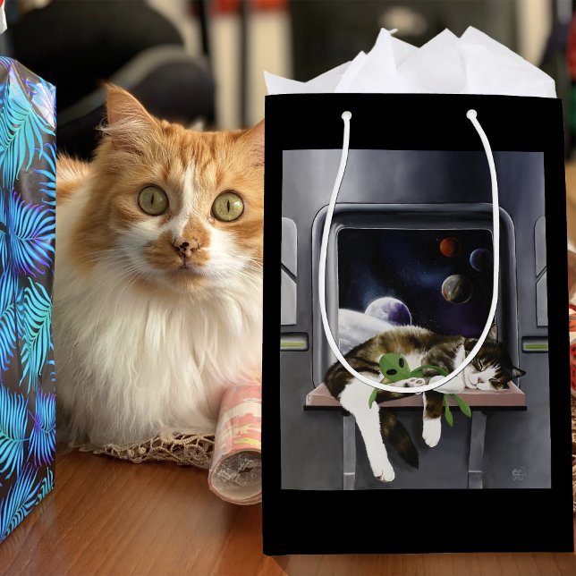 Spaceship Tabby Cat Green Alien Stuffie Sci-Fi Medium Gift Bag (Creator Uploaded)