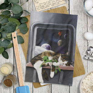 Spaceship Tabby Cat Green Alien Stuffie Sci-Fi Tea Towel