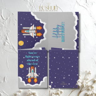 Spaceship Taking Off Happy Birthday Card