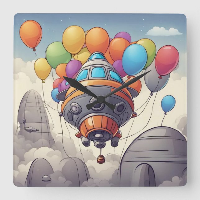 Spaceships with balloons square wall clock (Front)