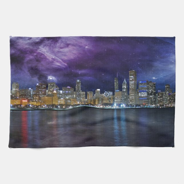 Spacey Chicago Skyline Tea Towel (Horizontal)