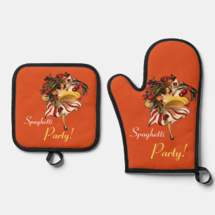SPAGHETTI PARTY DANCE,ITALIAN KITCHEN AND TOMATOES OVEN MITT & POT HOLDER SET