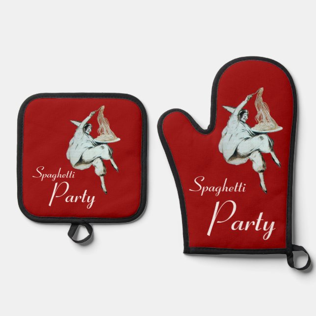 SPAGHETTI PARTY,ITALIAN KITCHEN Dinner Invitation Oven Mitt & Pot Holder Set (Front)