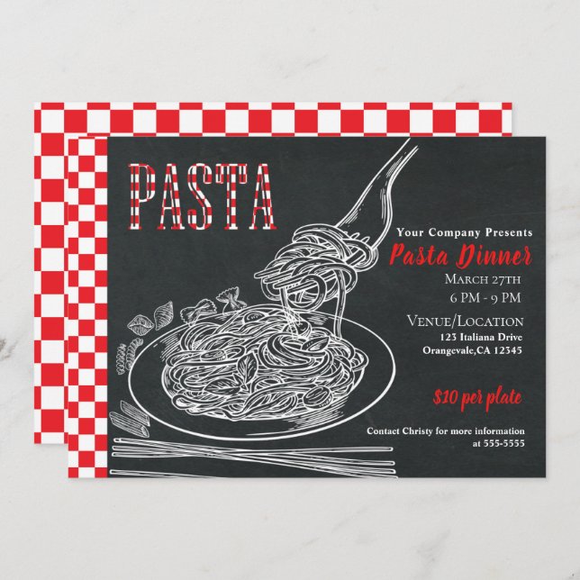 Spaghetti Pasta Rustic Chalk Event Dinner Party Invitation (Front/Back)