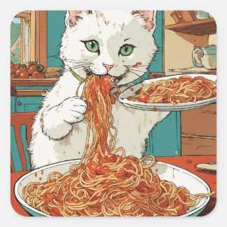 "Spaghetti Supper with Snowball: A White Cat Square Sticker