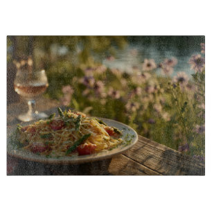 Spaghetti with Asparagus Tips by a Riverbank Cutting Board