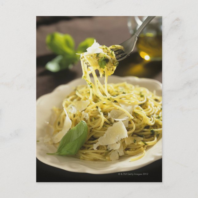 Spaghetti with basil and parmesan on plate, postcard (Front)