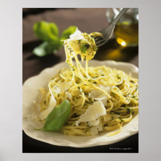 Spaghetti with basil and parmesan on plate, poster