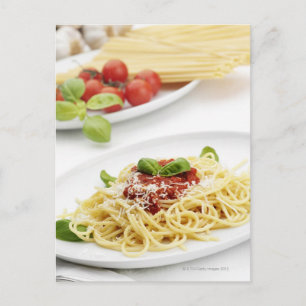 Spaghetti with tomato sauce and basil postcard