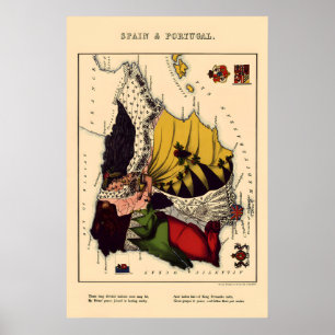 Spain and Portugal Comical Map Vintage Poster