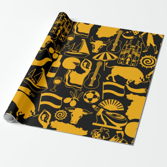 Spain and Spanish Traditions Black and Orange Wrapping Paper (Unrolled)