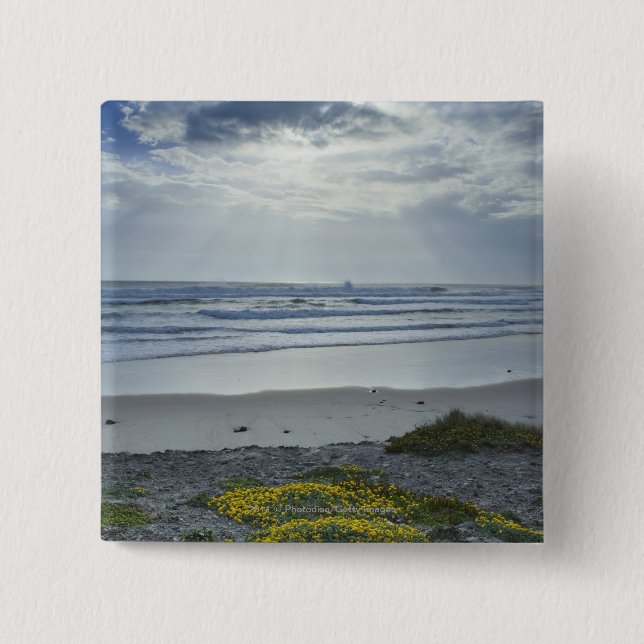 Spain Coastline with Yellow Flowers and Sun Beams 15 Cm Square Badge (Front)