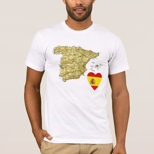Spain Flag Heart and Map T-Shirt (Front)