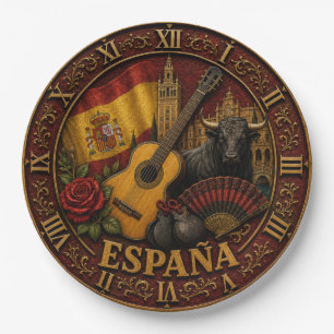 Spain Flag Spanish Bull Guitar Flamenco Vintage Paper Plate