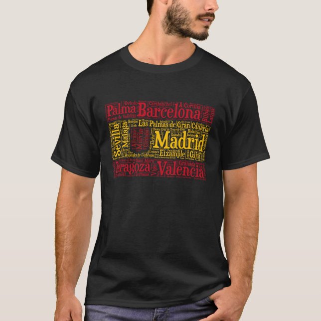 Spain Flag with City Names Word Art T-Shirt (Front)