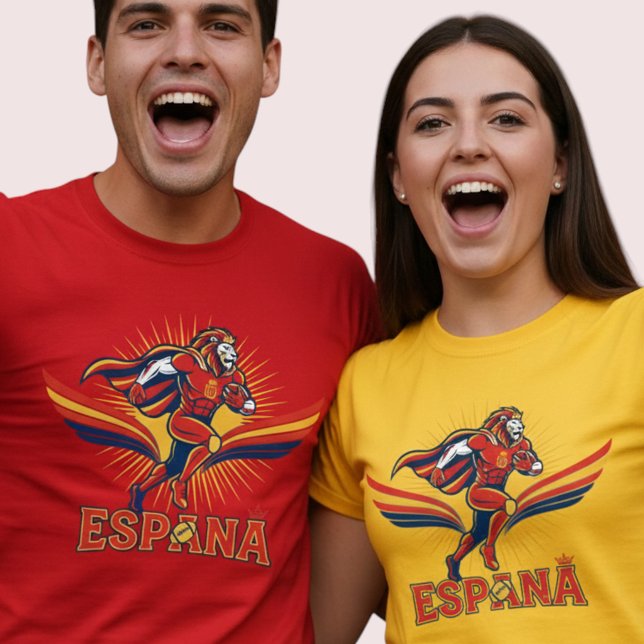 Spain Football Lion Hero National Pride Action Art T-Shirt (Use Personalized to change color/font.
Choose a color that matches the background color of shirt)