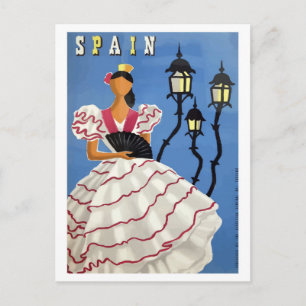 Spain, illustration,girl in folk costume and lamps postcard