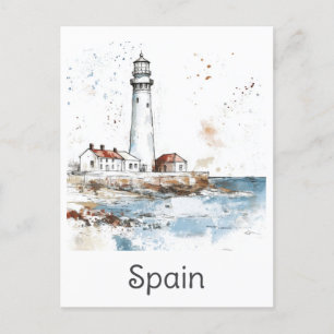 Spain Lighthouse Coast Watercolor Spanish Travel Postcard