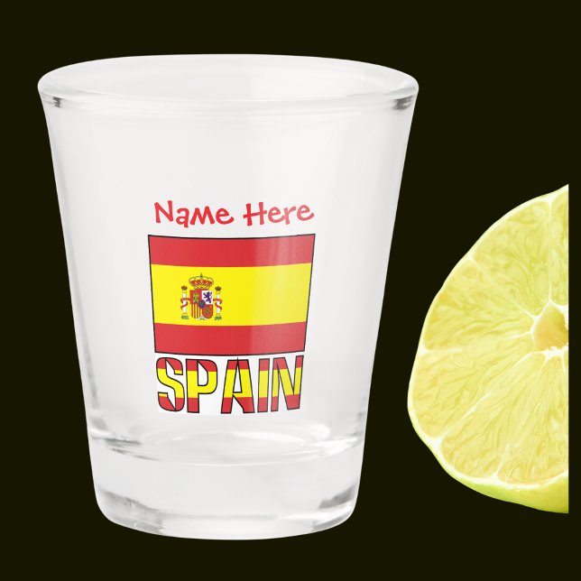 Spain Spanish Flag Red Personalised  Shot Glass (Spanish Flag on shot glass with word SPAIN below in flag colors. Add name in red text above.)
