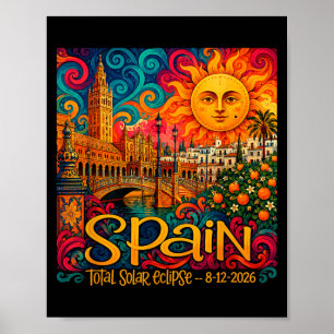 Spain Total Solar Eclipse 2026 Retro Paisley Poster